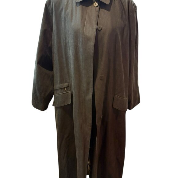 Herman Kay Long Black Hooded Maxi Overcoat Raincoat Button Front Pocket Size 1X - Picture 2 of 8